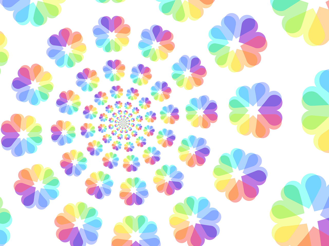 a pattern of multicolored flowers on a white background, an illustration of, by Kume Keiichiro, flickr, generative art, spiral heavens, けもの, clover, rainbowshift