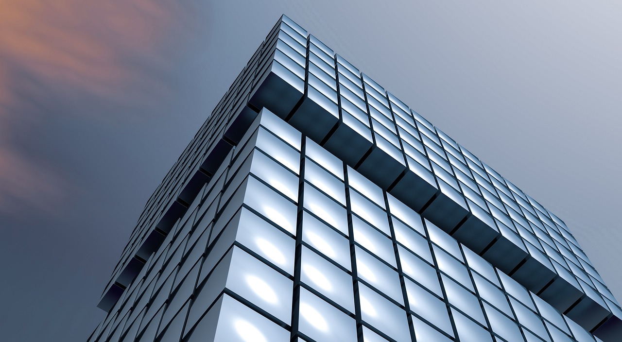 a very tall building with lots of windows, a digital rendering, flickr, cubo-futurism, modern high sharpness photo, cubes, 3 d render even lit, metalic reflection