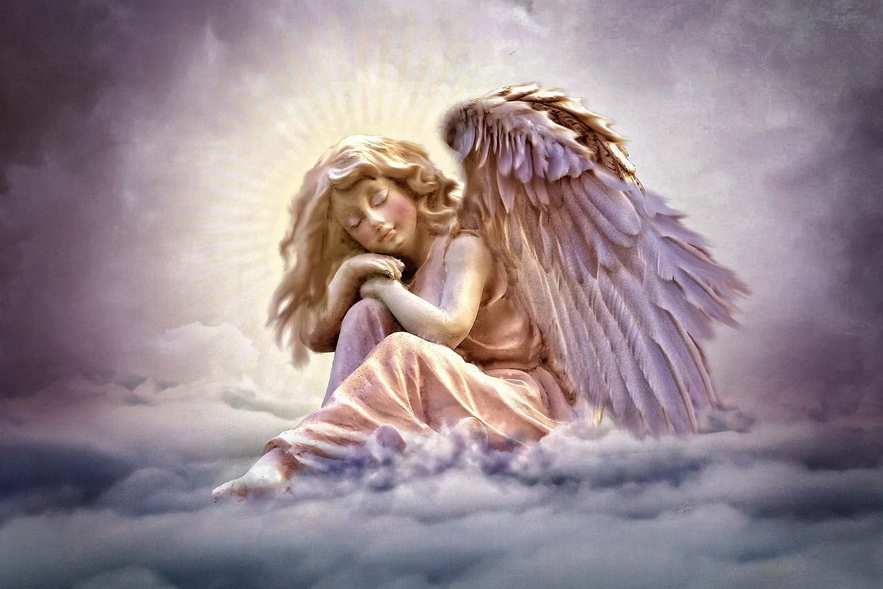 a painting of an angel sitting on a cloud, by Marie Angel, airbrush digital oil painting, pink tinged heavenly clouds, looks sad and solemn, angel statues