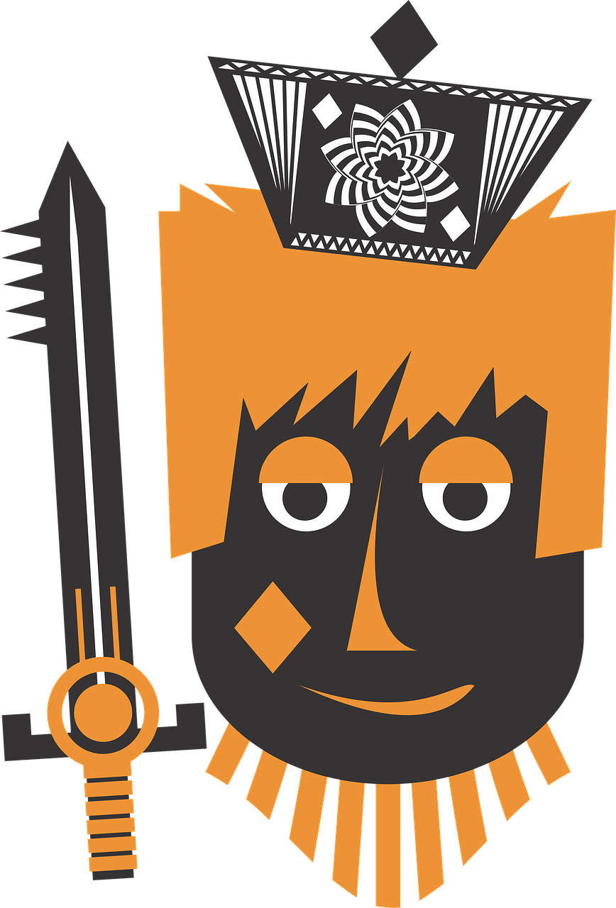 a cartoon image of a pirate with a sword, inspired by Ivan Generalić, vanitas, spiky orange hair, man with a crown, cardistry, character close up