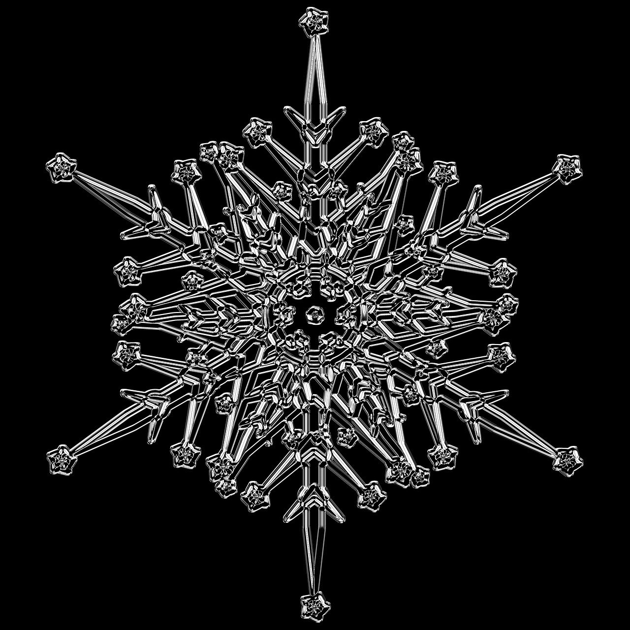 a close up of a snowflake on a black background, inspired by Jozef Czapski, generative art, sharp high detail illustration, silver ornaments, very sharp photo