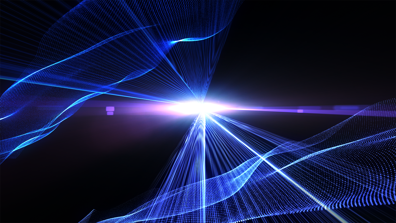 a close up of a blue light on a black background, digital art, shutterstock, synthewave, optical flare, wires with lights, digital illustration radiating