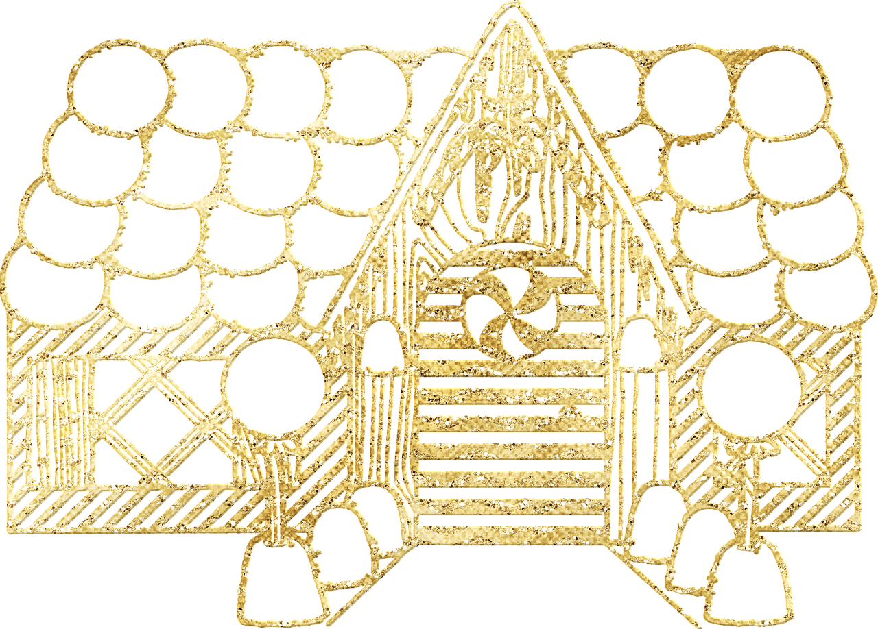 a gold piece of art on a black background, a stipple, inspired by Adolf Wölfli, golden gates, garters, website banner, house