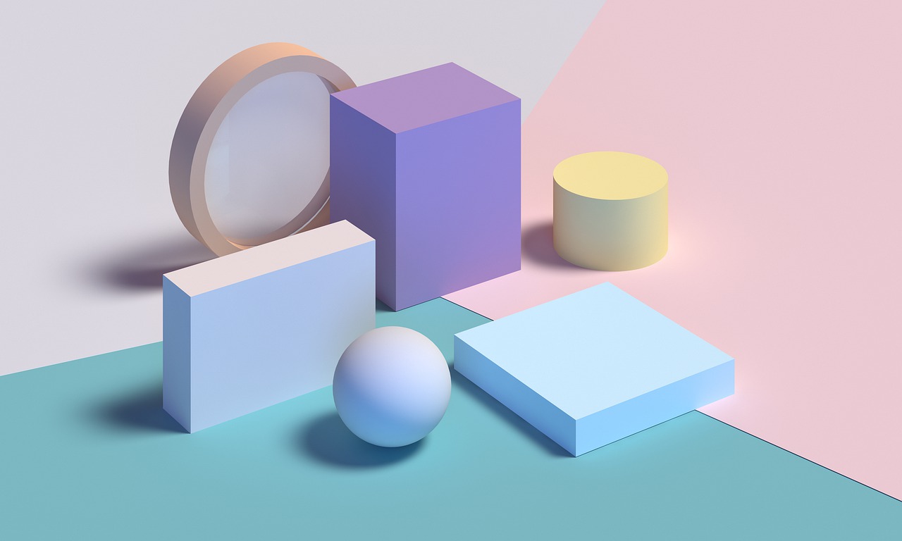 a white egg sitting on top of a blue and pink surface, a 3D render, by jeonseok lee, polycount, conceptual art, statue of a cubes and rings, dimmed pastel colours, abstract geometrical shapes, abstract blocks