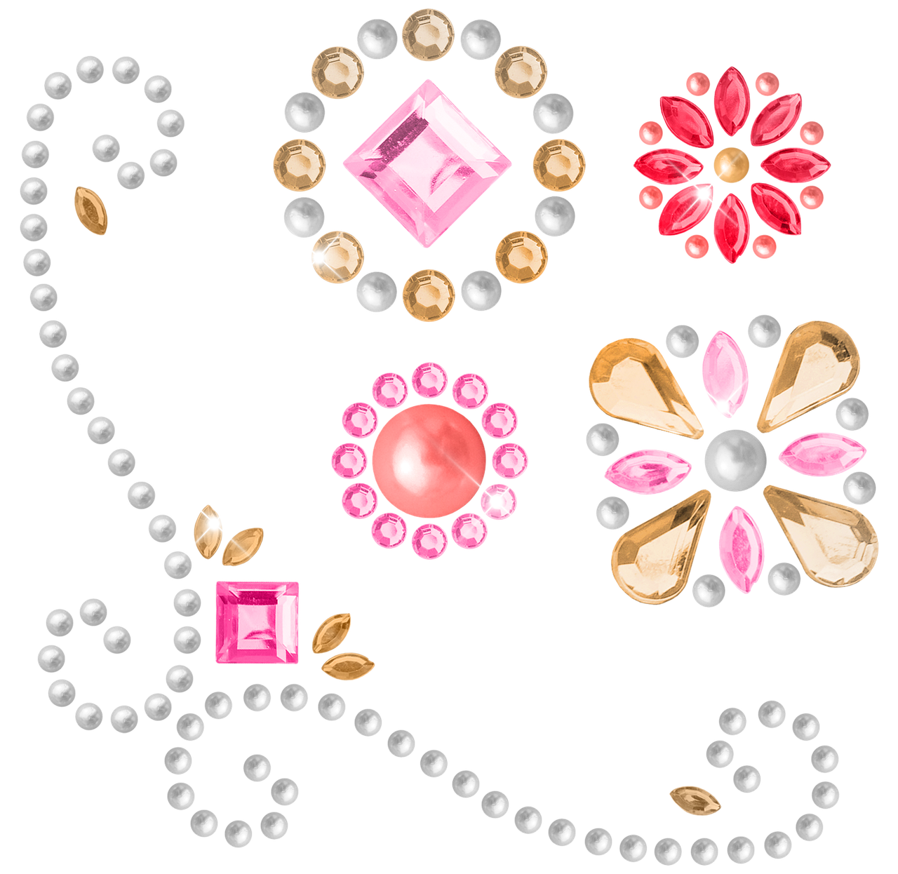 a bunch of different types of jewelry on a white surface, a digital rendering, by Nakahara Nantenbō, trending on pixabay, baroque, white and pink, created in adobe illustrator, cutie mark, g6