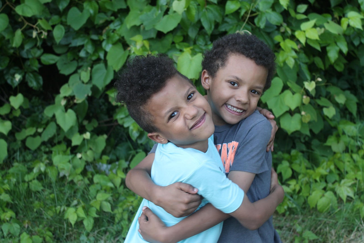 two young boys hugging each other in front of a bush, dark-skinned, four years old, bright smiles, sirius a and sirius b