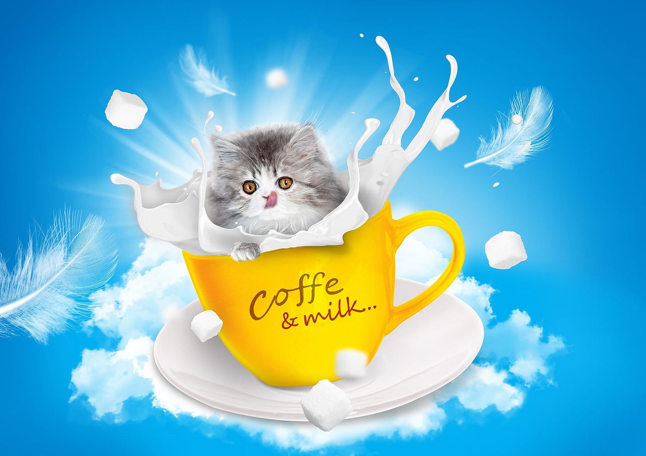 a cat is sitting in a cup of milk, behance contest winner, furry art, catia, amazing background, in style of kyrill kotashev, cloud