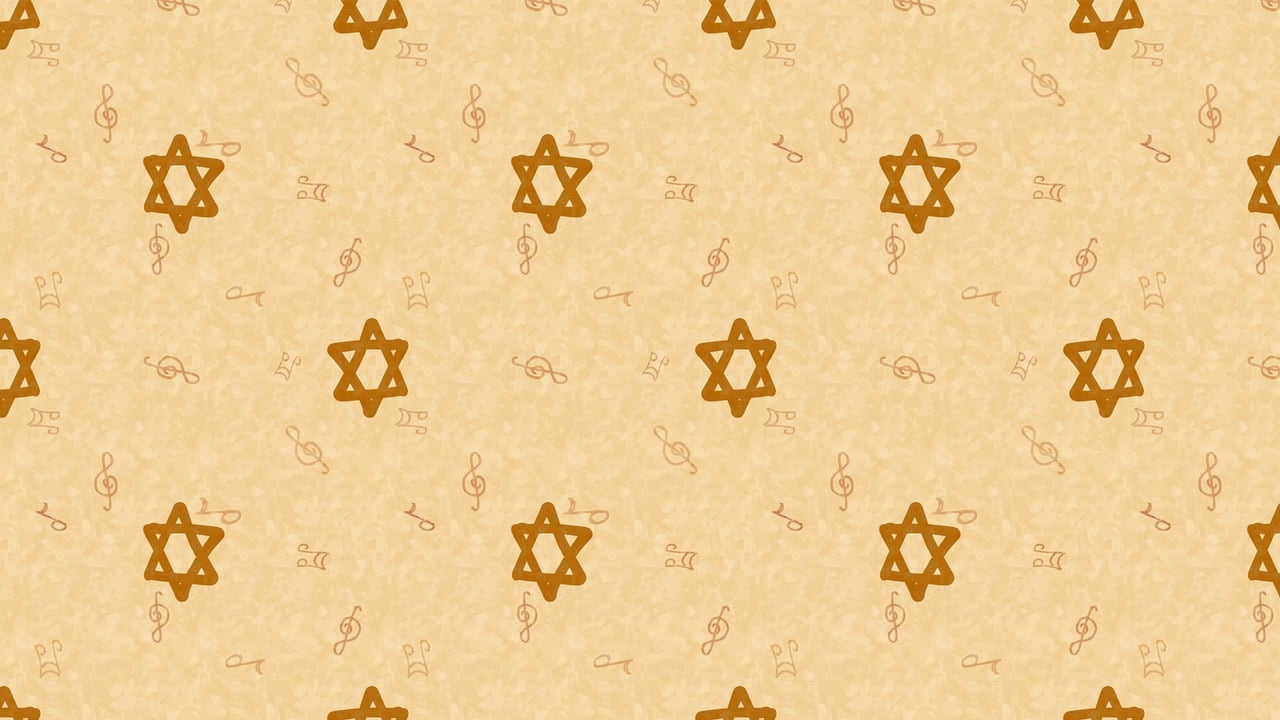 a pattern with a star of david on it, a digital rendering, by Siona Shimshi, light brown background, the god of music, tileable, kids