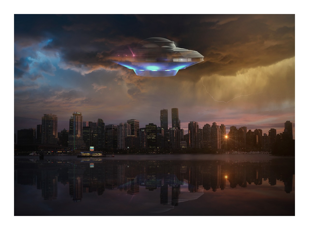 an alien flying over a city at night, by John La Gatta, shutterstock, flying saucer in the sky, saturn in the sky, in sci - fi mumbai, abduction