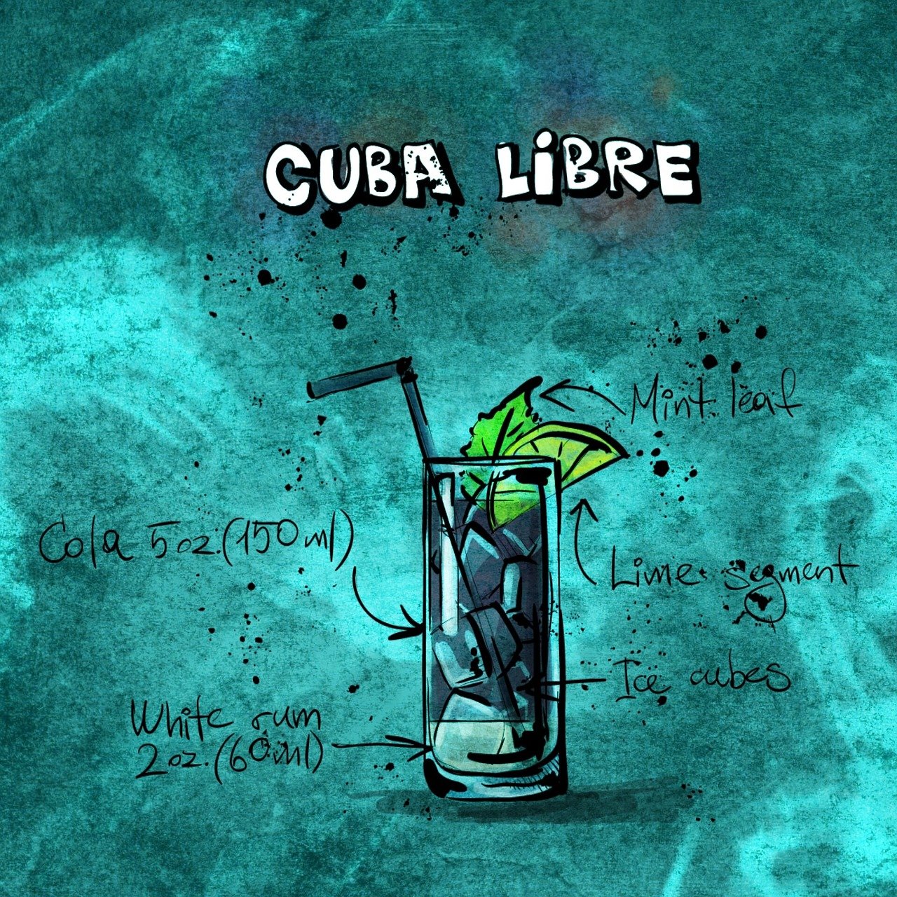 a drawing of a cocktail glass with a lime garnish garnish garnish garnish garnish garnish ga, inspired by Ceferí Olivé, pixabay, figuration libre, cuban revolution, mixed media style illustration, with full descriptions, lit. 'the cube'