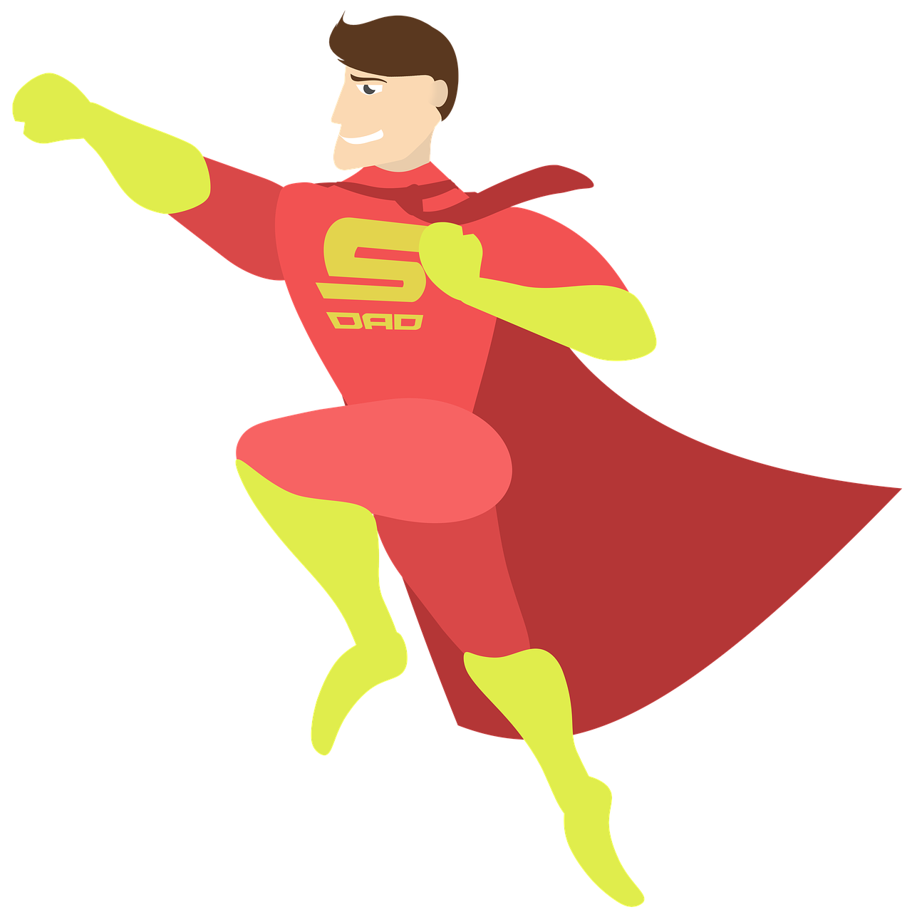 a man dressed as a superhero flying through the air, a digital rendering, superflat, dnd character, giga chad, it is the captain of a crew, wearing red and yellow hero suit