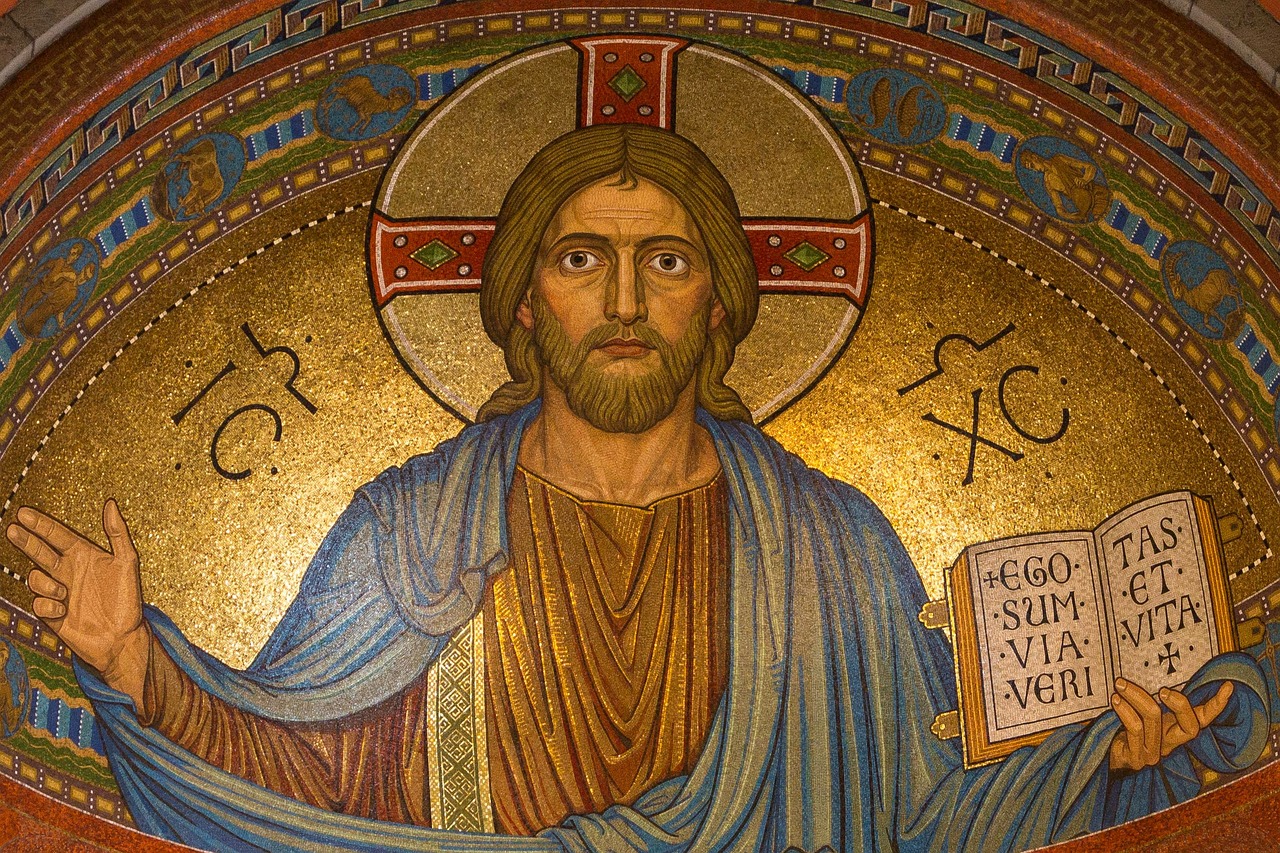 a close up of a painting of jesus holding a book, a mosaic, by Cimabue, shutterstock, symmetrical front view, jesus on cross, roman catholic icon, sun god