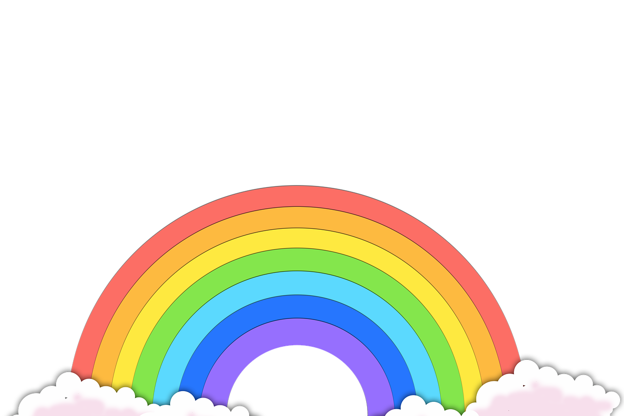 a rainbow and clouds on a black background, an illustration of, inspired by Okuda Gensō, color field, classroom background, 4k high res, black background), rainbow accents