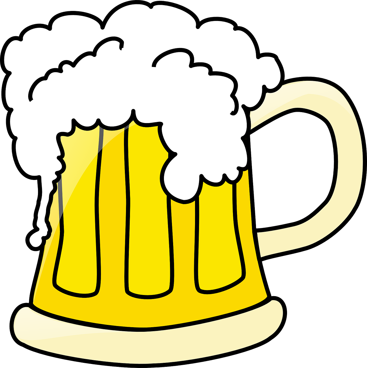 a mug of beer with foam coming out of it, by Robert Freebairn, pixabay, computer art, cartoonish vector style, black and yellow colors, an illustration of a bar/lounge, high res