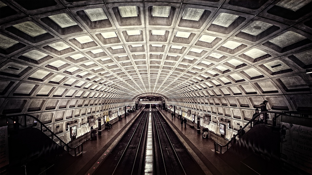 a subway station with a train on the tracks, flickr, op art, washington dc, humongous view, sfw, crosshatch