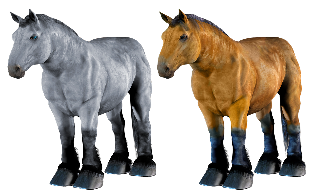 a couple of horses standing next to each other, a raytraced image, trending on zbrush central, photorealism, neon hooves, fur with mud, ultra high detail ultra realism, golden and copper shining armor