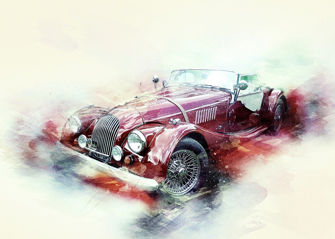 a watercolor painting of a red sports car, a digital painting, inspired by Otto Eckmann, trending on pixabay, steampunk car, retro effect, beautiful art uhd 4 k, vintage aston martin