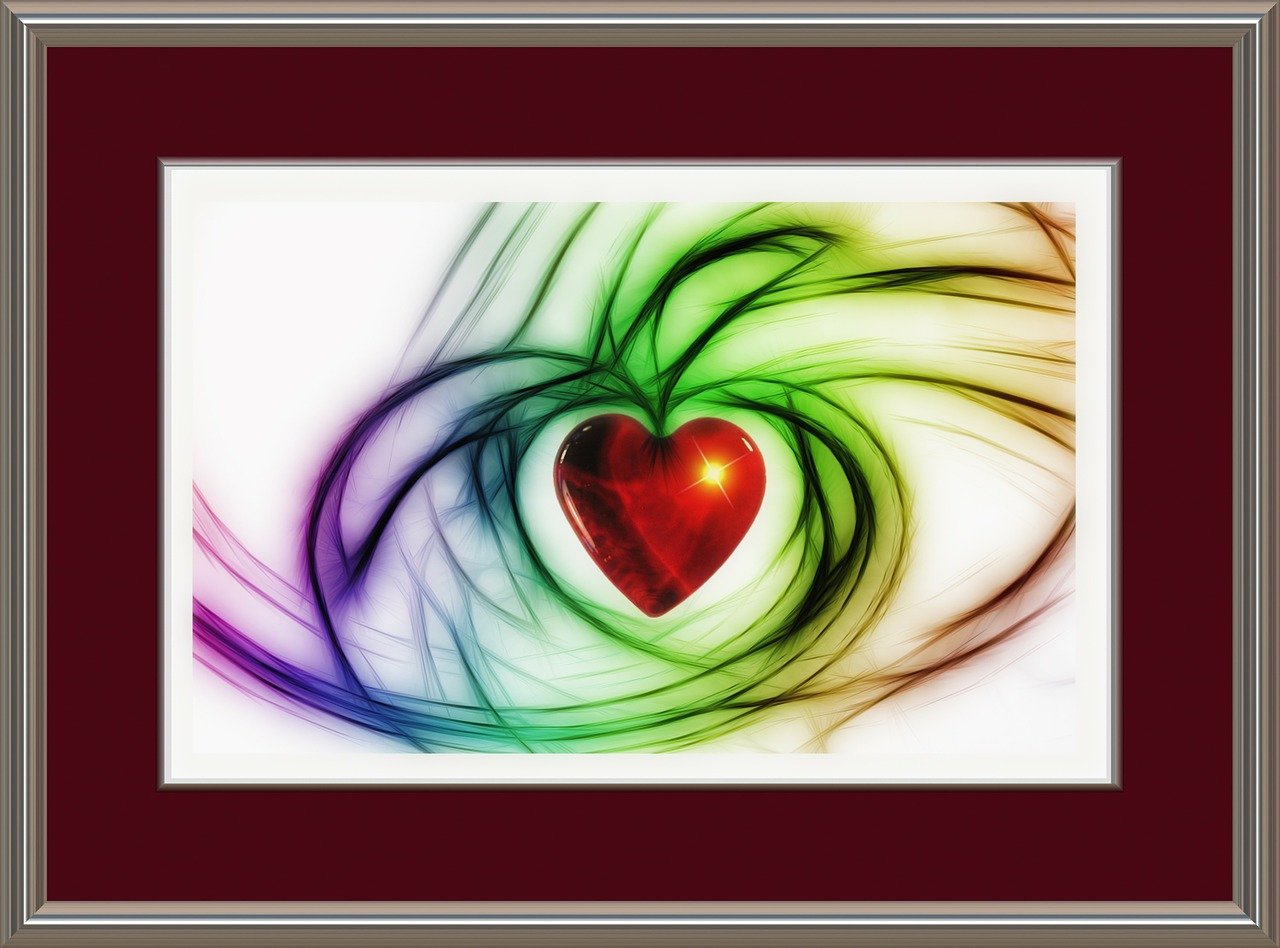 a picture of a red heart on a white background, a picture, by Zahari Zograf, metaphysical painting, fractal frame, casting a multi colored spell, award winning color photo, rich ethereal colours