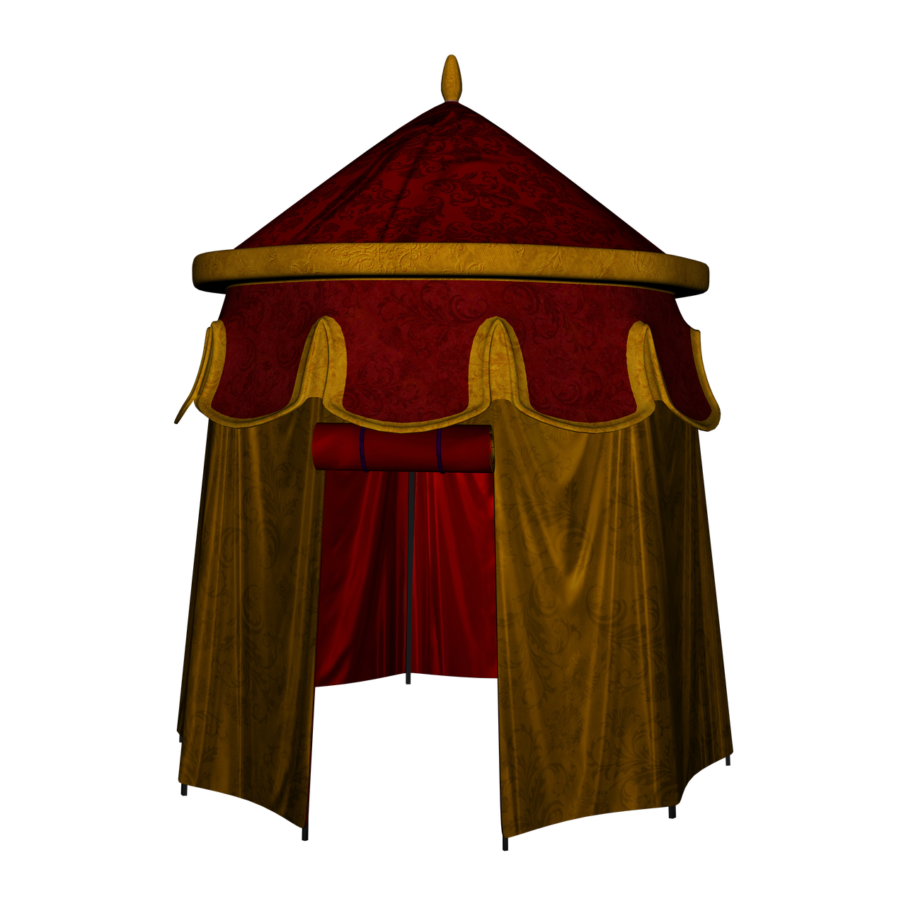 a red and gold circus tent in the dark, a digital rendering, polycount, baroque, richard iv the roman king photo, side-view. highly detailed, royal robe, colored accurately