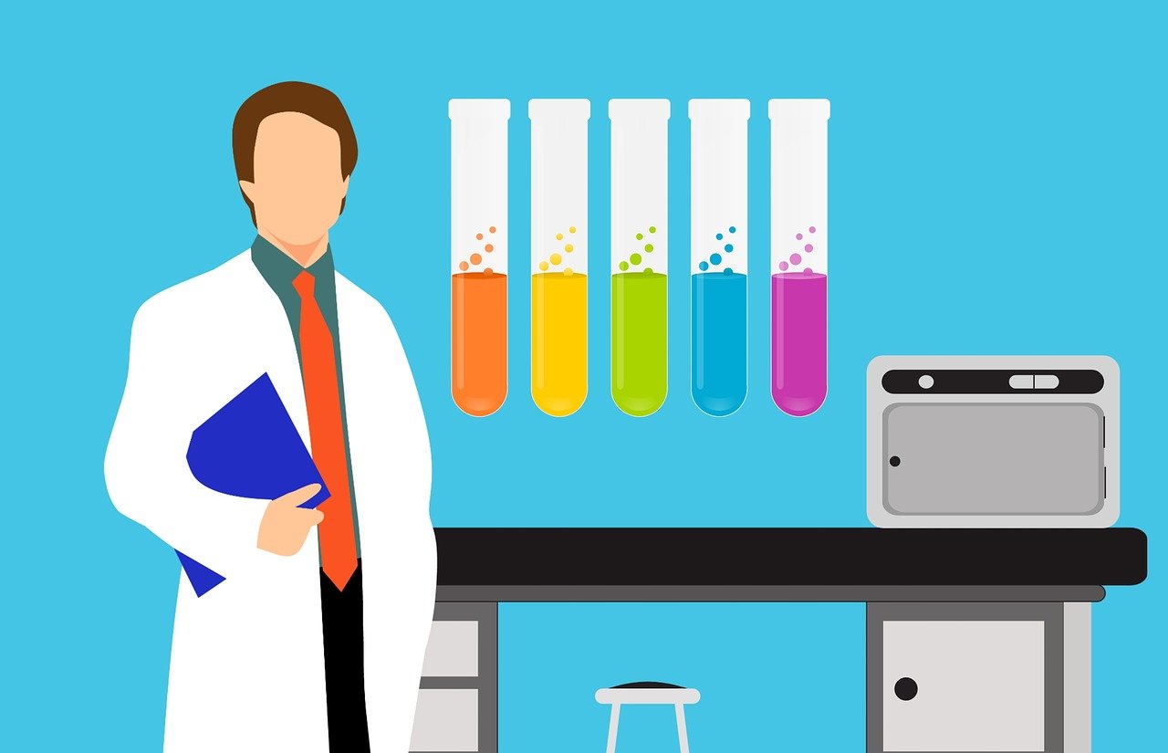 a man in a lab coat holding a folder, an illustration of, pixabay, analytical art, beakers of colored liquid, colorful medical equipment, 🎨🖌️, inside a science facility