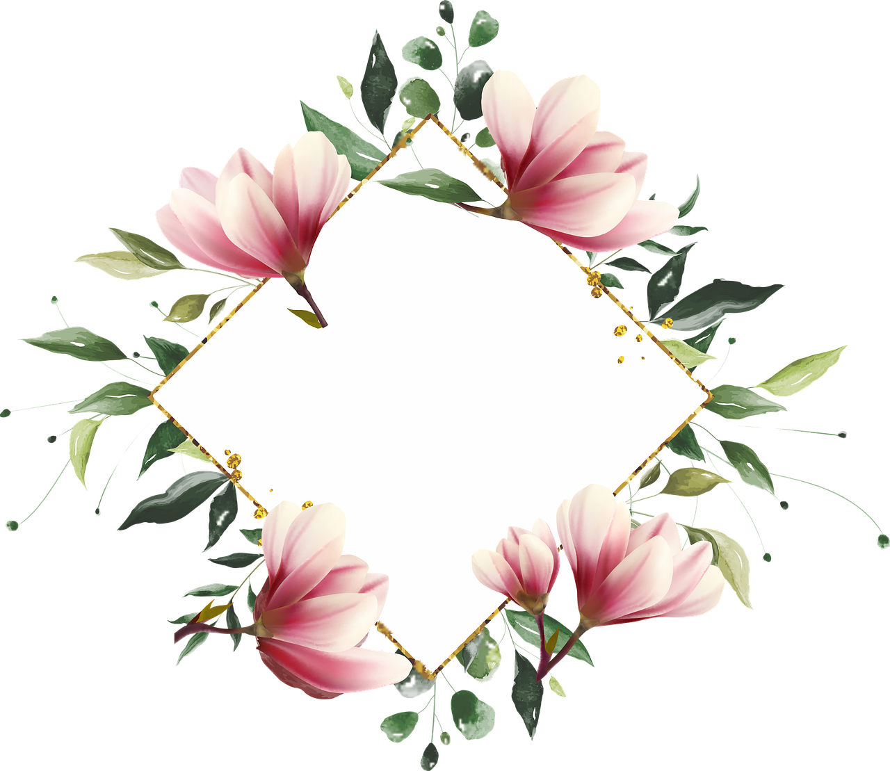 a floral frame with pink flowers on a black background, by Hasegawa Tōhaku, trending on pixabay, baroque, magnolia big leaves and stems, with a square, background image, gold