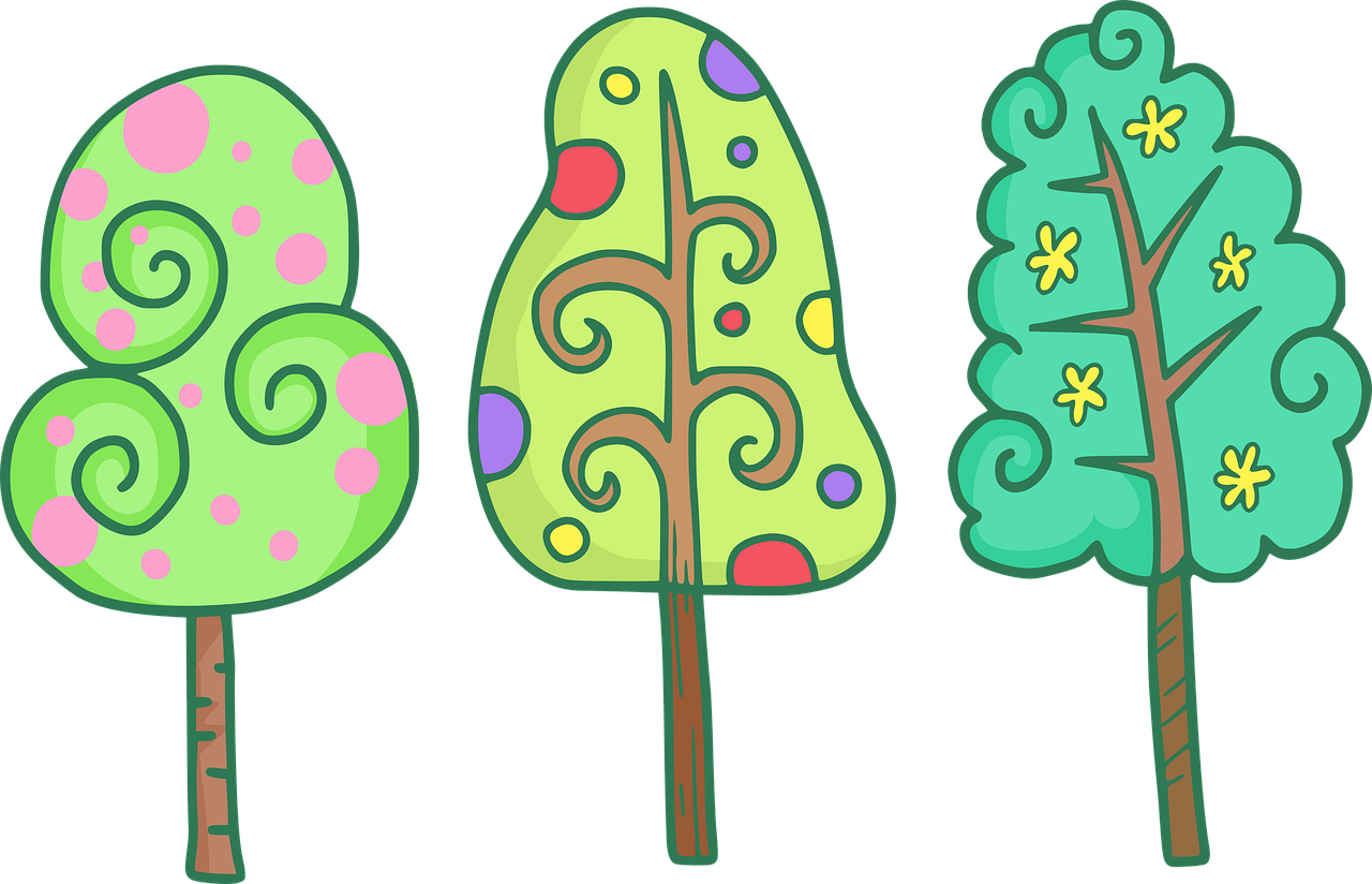 three different colored trees on a black background, pixabay, naive art, candy forest, green colored theme, brains, cutie mark