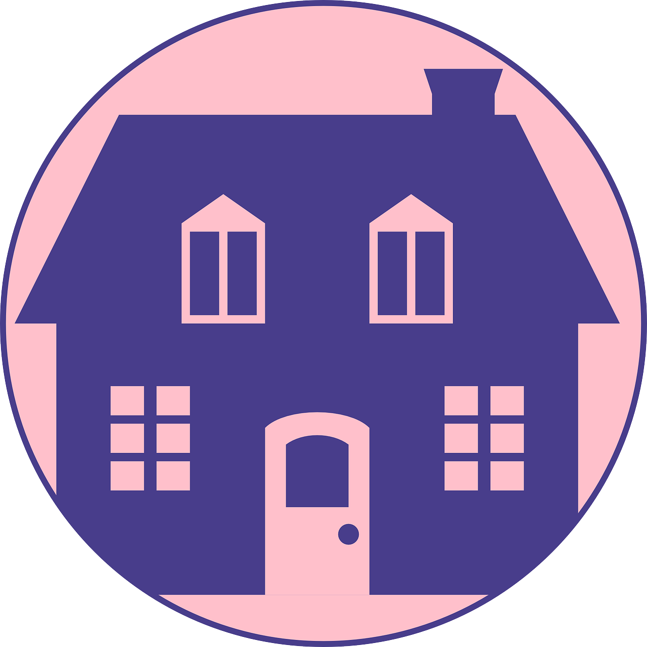 a purple and pink house in a circle, pixabay, sōsaku hanga, cartoonish vector style, medallion, gentle round face, stylized silhouette