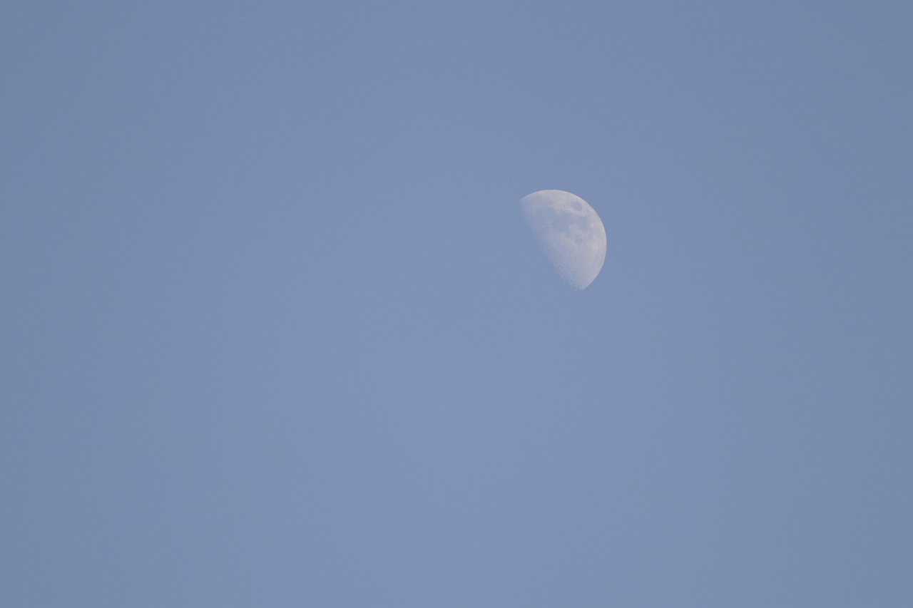 the moon is visible in the clear blue sky, a picture, by Linda Sutton, minimalism, iso400, morning haze, short telephoto, half body photo