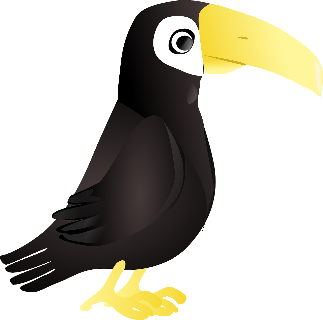 a black bird with a yellow beak, an illustration of, mingei, toucan, children\'s illustration, long thick shiny black beak, illustration