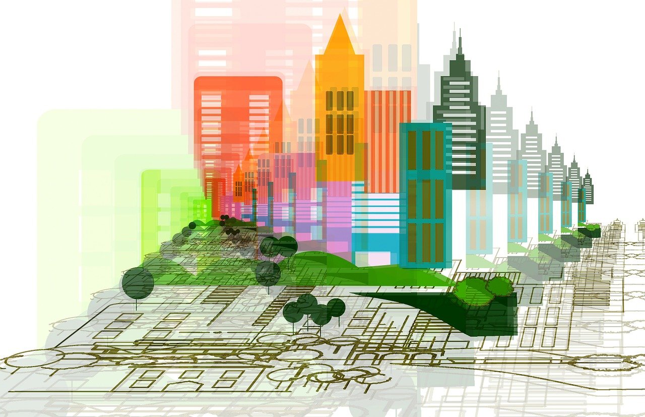 a drawing of a city with lots of buildings, a digital rendering, by senior artist, shutterstock, green technology, low polygons illustration, landscape architecture photo, miami. illustration