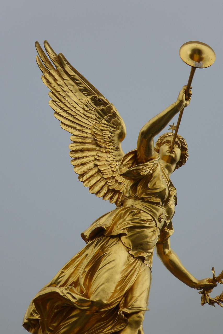 a golden statue of an angel holding a sword, a statue, by Erwin Bowien, pexels, art nouveau, stern like athena, paris 2010, superb detail 8 k, sturm und drang