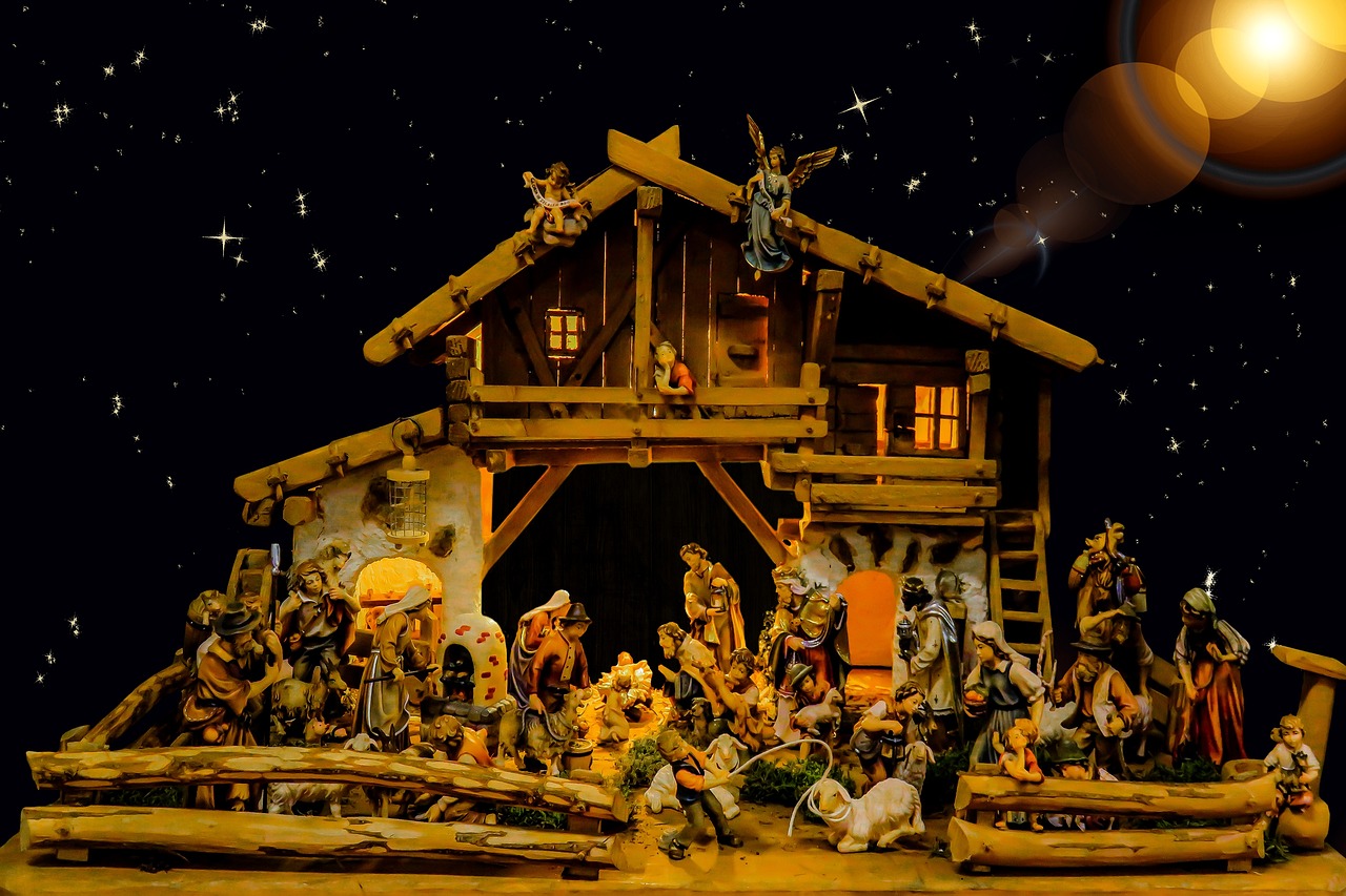 a nativity scene of the birth of jesus, a digital rendering, by Krzysztof Boguszewski, shutterstock, naive art, wooden, wide shot!!!!!!, 🕹️ 😎 🔫 🤖 🚬, andnorman rockwell