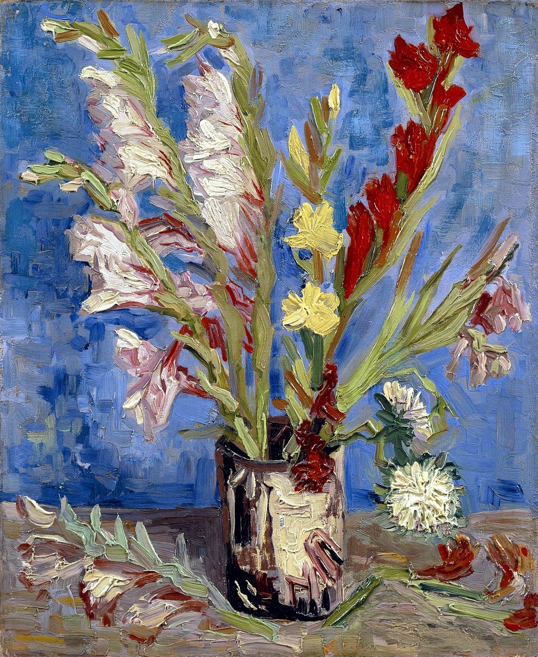 a painting of flowers in a vase on a table, flickr, post-impressionism, lilies and daffodils, with a blue background, red and white flowers, right side composition