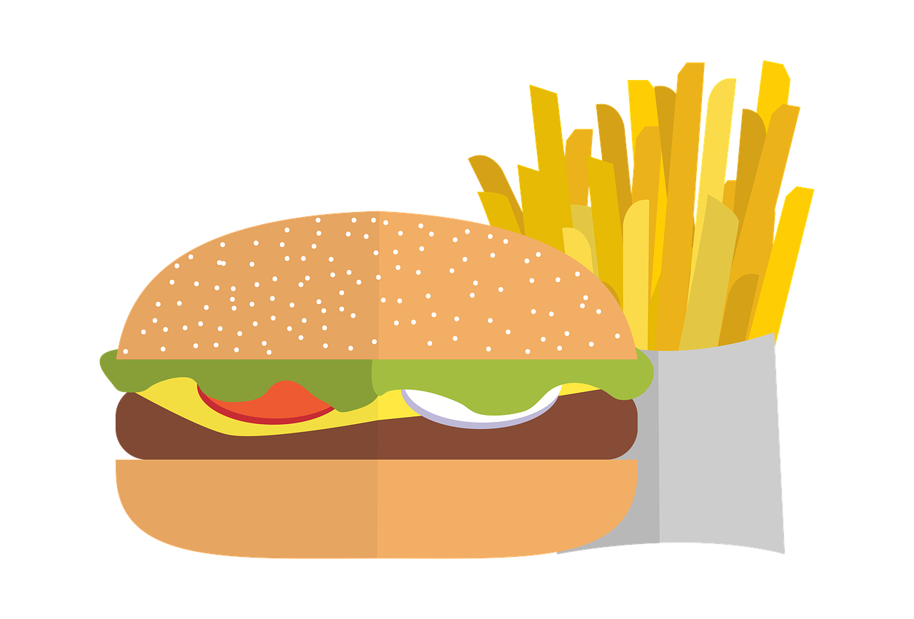 a hamburger and french fries on a black background, inspired by Pia Fries, pixabay, figuration libre, wikihow illustration, flat illustration, 2. 5 d illustration, dinner is served