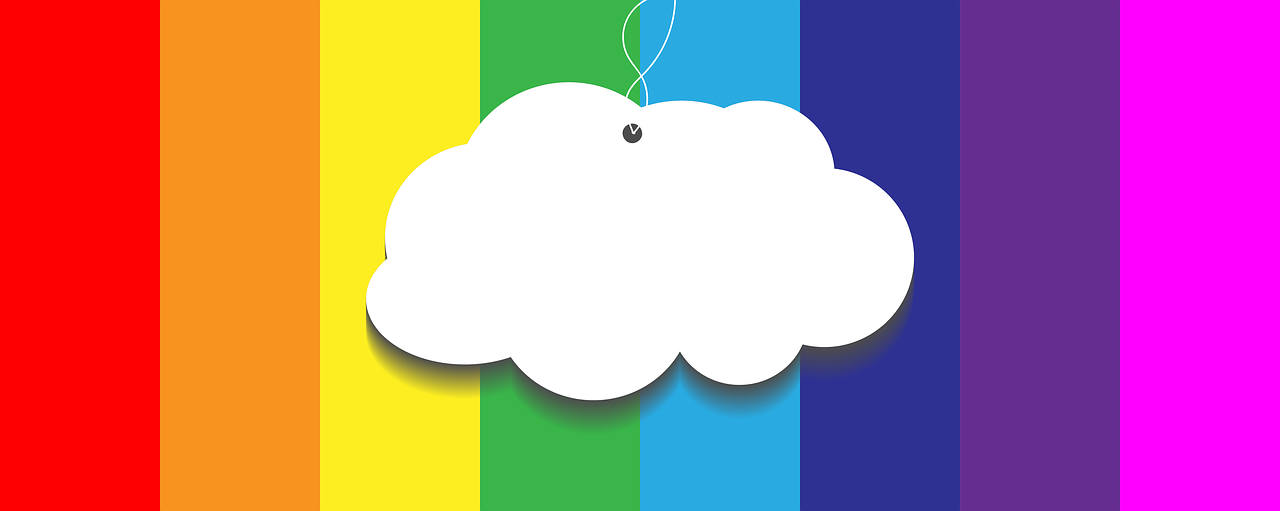 a white cloud hanging from a string on a rainbow background, trending on pixabay, bauhaus, background is white and blank, pantone color, trimmed with a white stripe, colorful”
