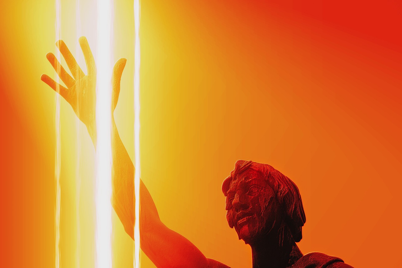 a statue of a man holding his hand up in the air, inspired by Mike Winkelmann, epic red - orange sunlight, volumetric lighting iridescence, light entering through a blind, sun shaft