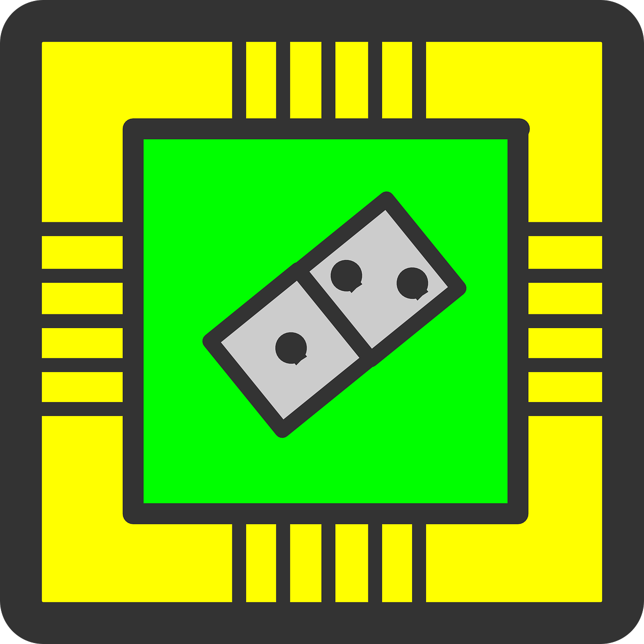 a computer chip on a green and yellow background, a computer rendering, inspired by Josef Block, reddit, computer art, on a flat color black background, batteries not included, aztec, game board