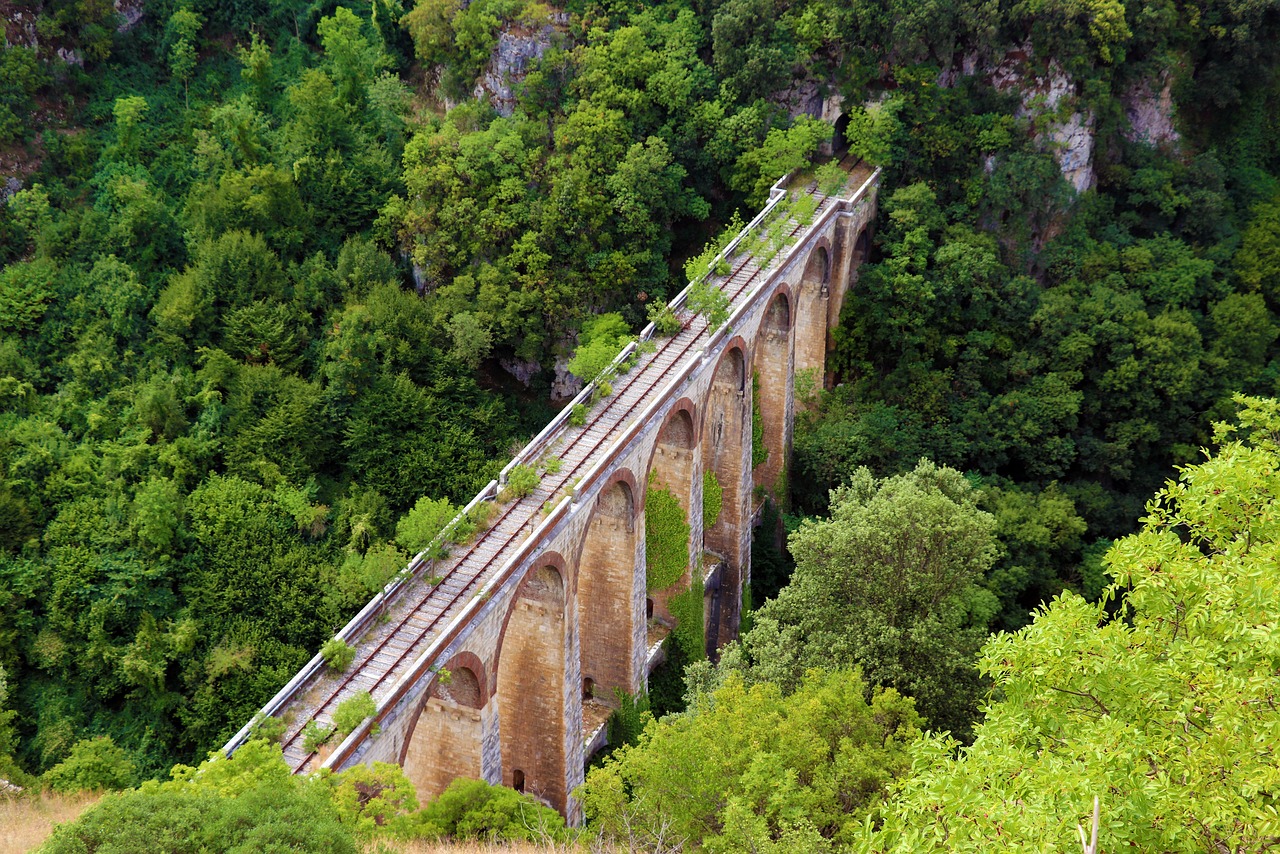 a train traveling over a bridge in the middle of a forest, by Arthur Sarkissian, shutterstock, renaissance, lots of roman arches, wide high angle view, in the hillside, stock photo