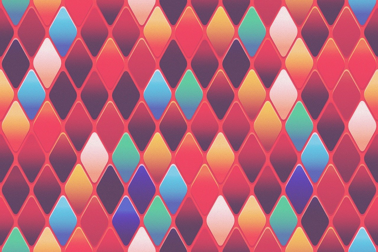 a pattern of multicolored diamonds on a red background, inspired by Stanton Macdonald-Wright, trending on polycount, crosshatch sketch gradient, soft illumination, beautiful colorful tilework, 4 k hd illustrative wallpaper