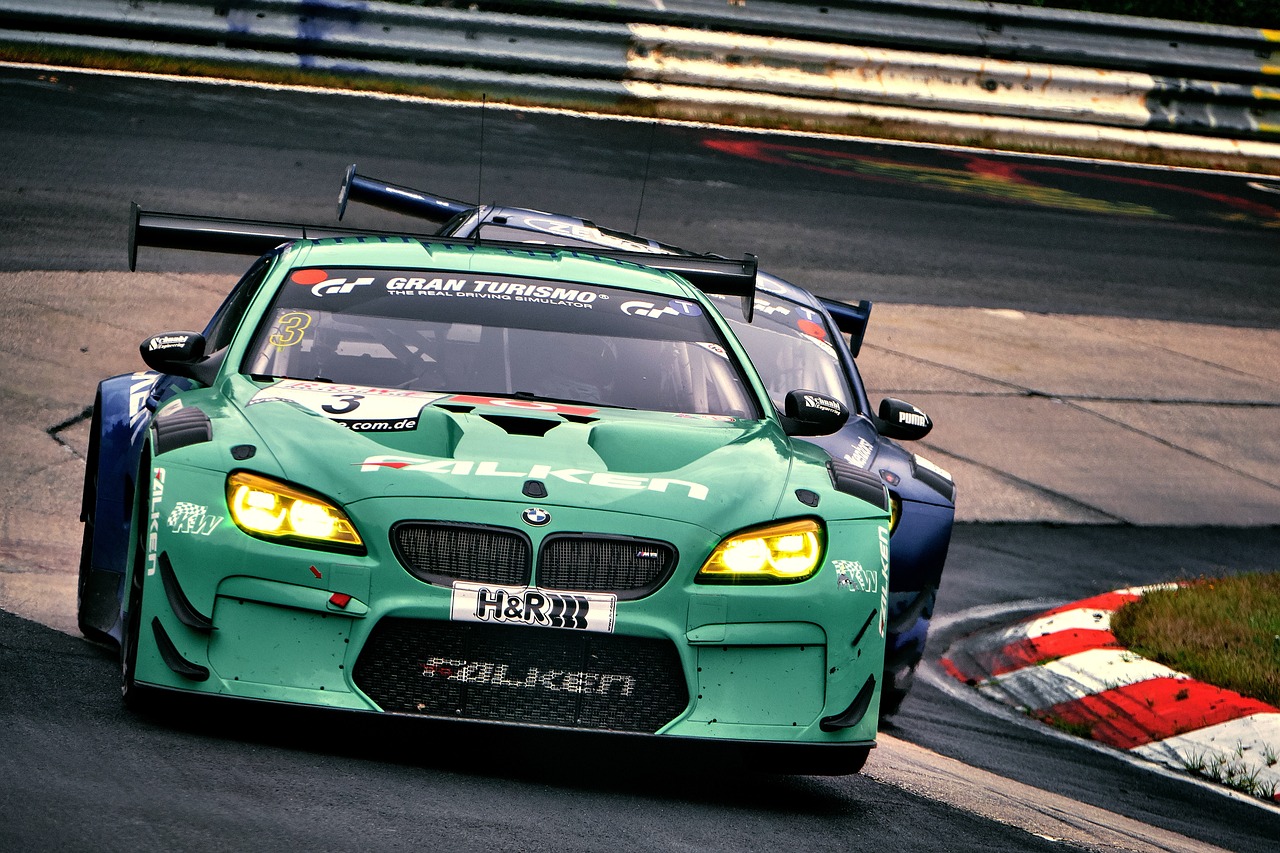 a green sports car driving on a race track, a pastel, by Jakob Gauermann, flickr, bmw, james gurney and andreas rocha, close body shot, deck