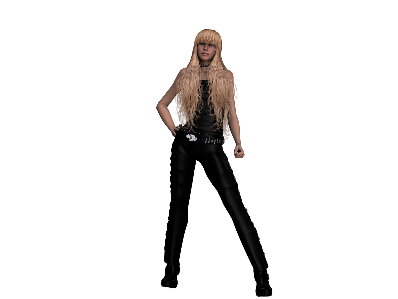 a woman with long blonde hair posing for a picture, a digital rendering, inspired by INO, black leather shiny jeans, punk!!!, body meshes, vocalist
