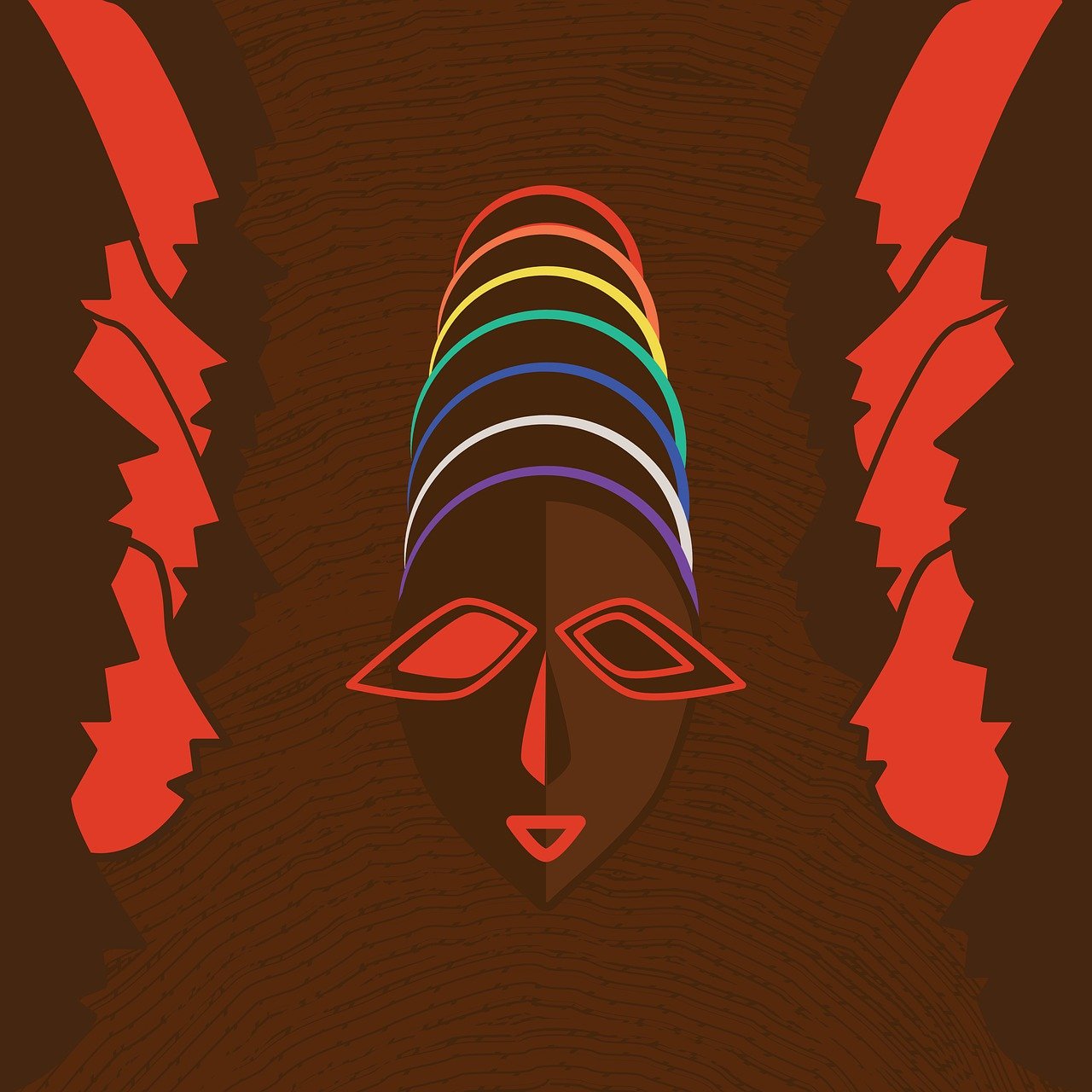 a woman with a colorful hat on her head, a digital rendering, afrofuturism, west africa mask patterns style, red and brown color scheme, miami. illustration