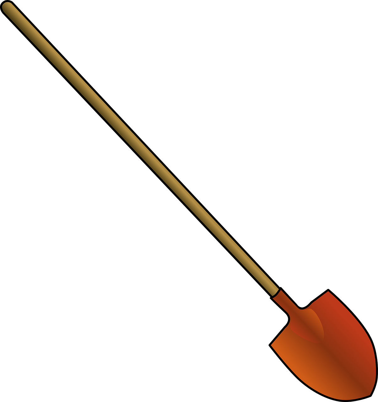 a shovel with a wooden handle on a black background, a screenshot, inspired by Inshō Dōmoto, pixabay, conceptual art, red and orange colored, no gradients, grass, raytraced blade