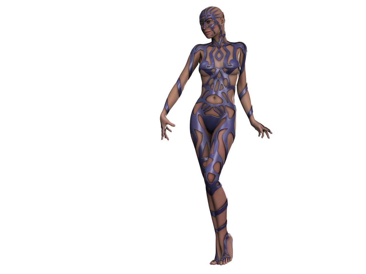 a close up of a person wearing a body paint, a raytraced image, inspired by INO, zbrush central contest winner, afrofuturism, 3 d render of a full female body, barefoot beautiful girl alien, full entire body fun pose, transparent body