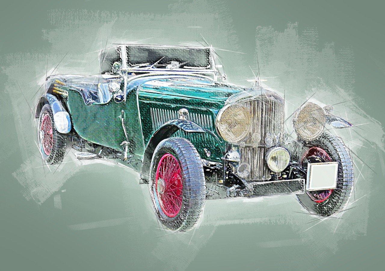 a drawing of a vintage car on a green background, a digital rendering, inspired by Harry Haenigsen, digital art, bentley, tonemapped, rich colour and detail, convertable