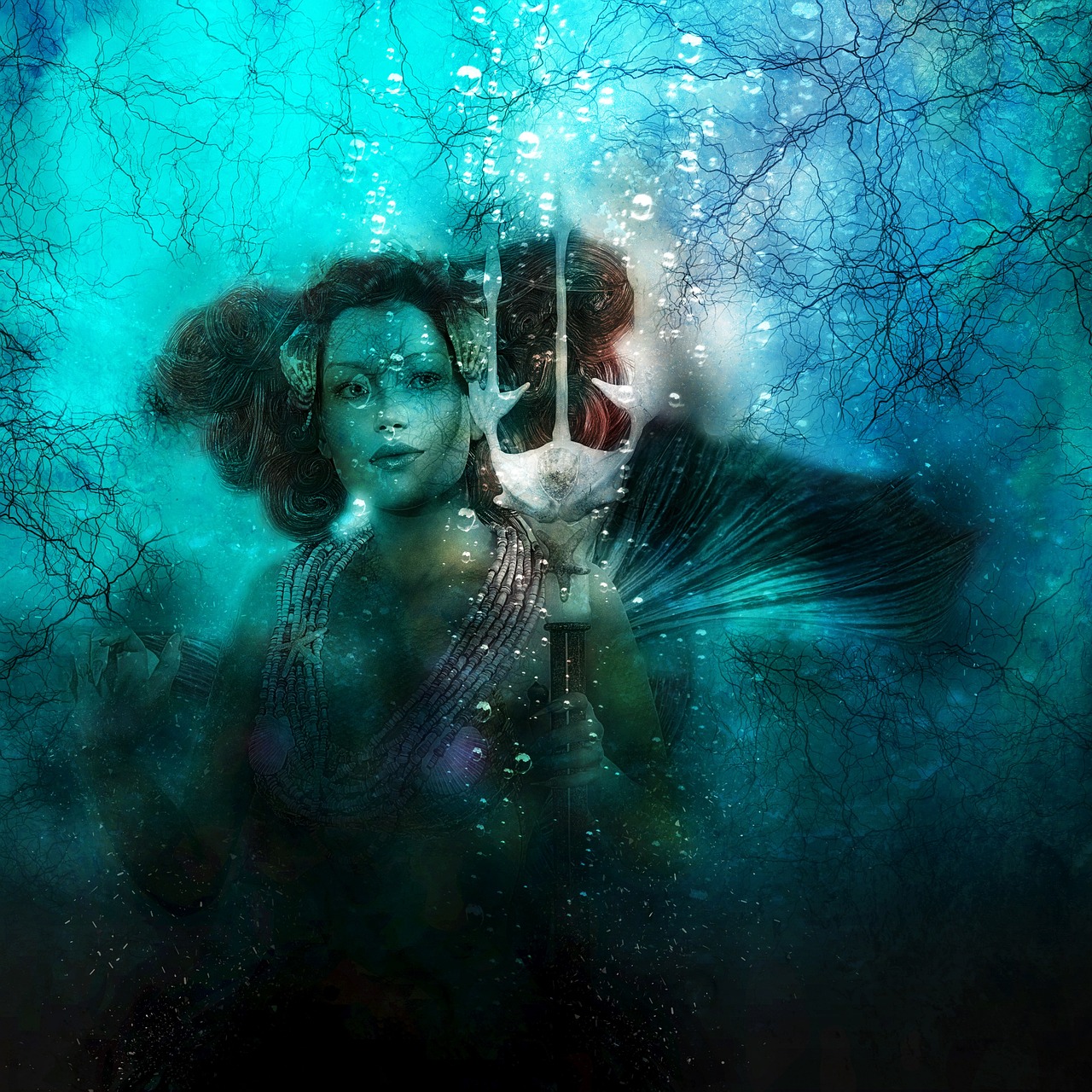 a woman holding an umbrella in the water, by Anna Füssli, deviantart contest winner, gothic art, shiva, portrait of edward and bella, undersea, mixed media photography