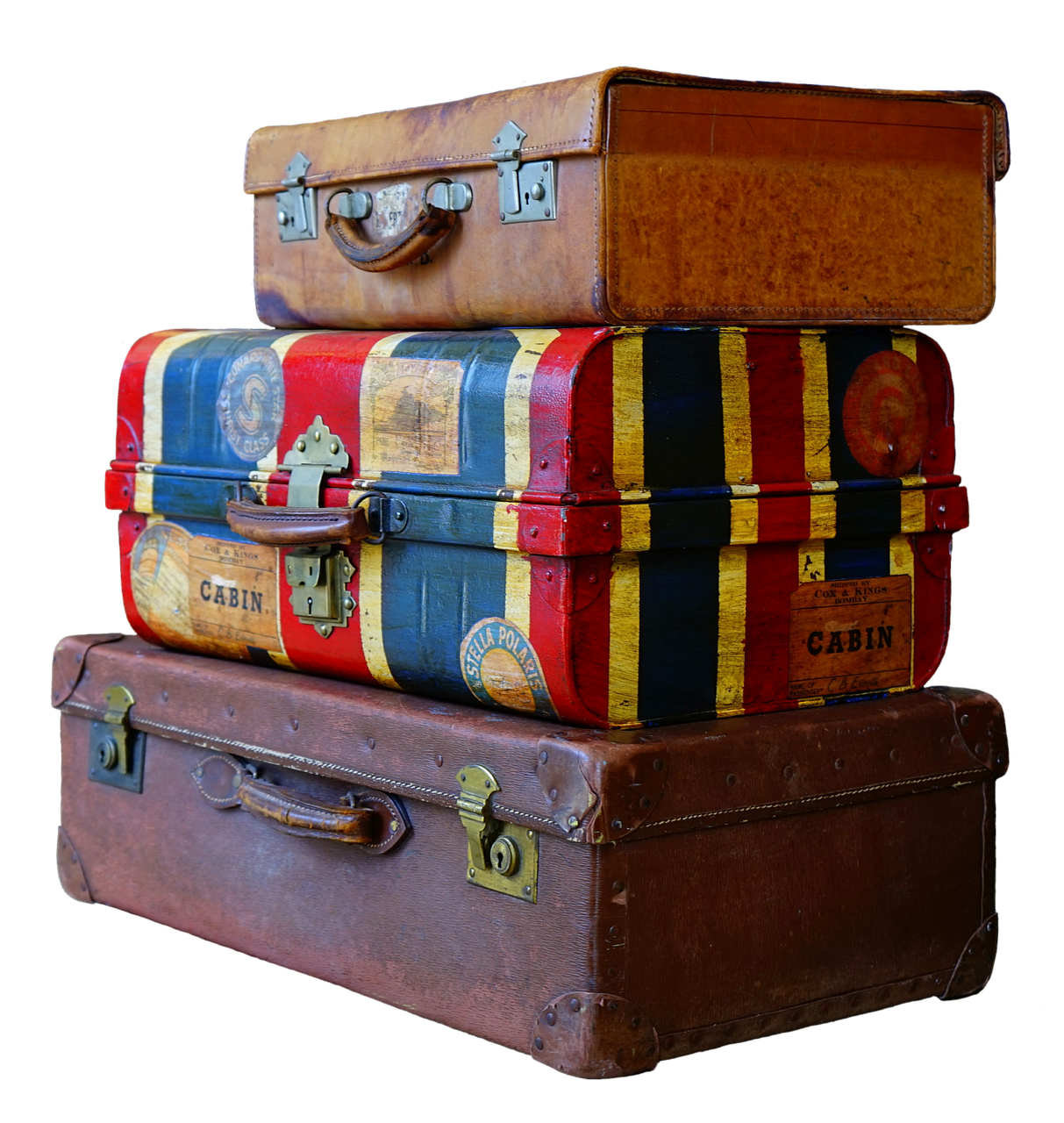 three suitcases stacked on top of each other, by David Garner, shutterstock, assemblage, on black background, vintage theme, a colorful, old english