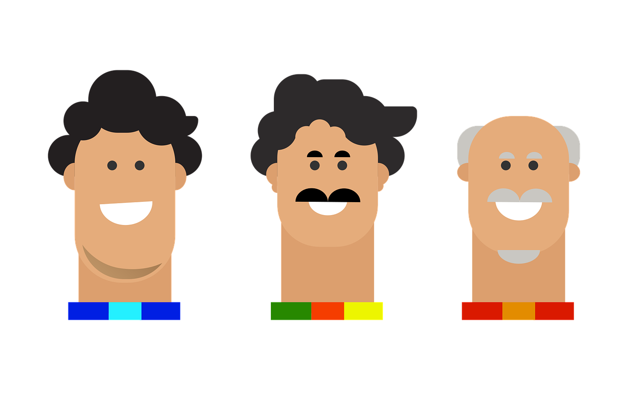 a group of men standing next to each other, trending on pixabay, pixel art, mexican mustache, rainbow accents, older male, john oates face