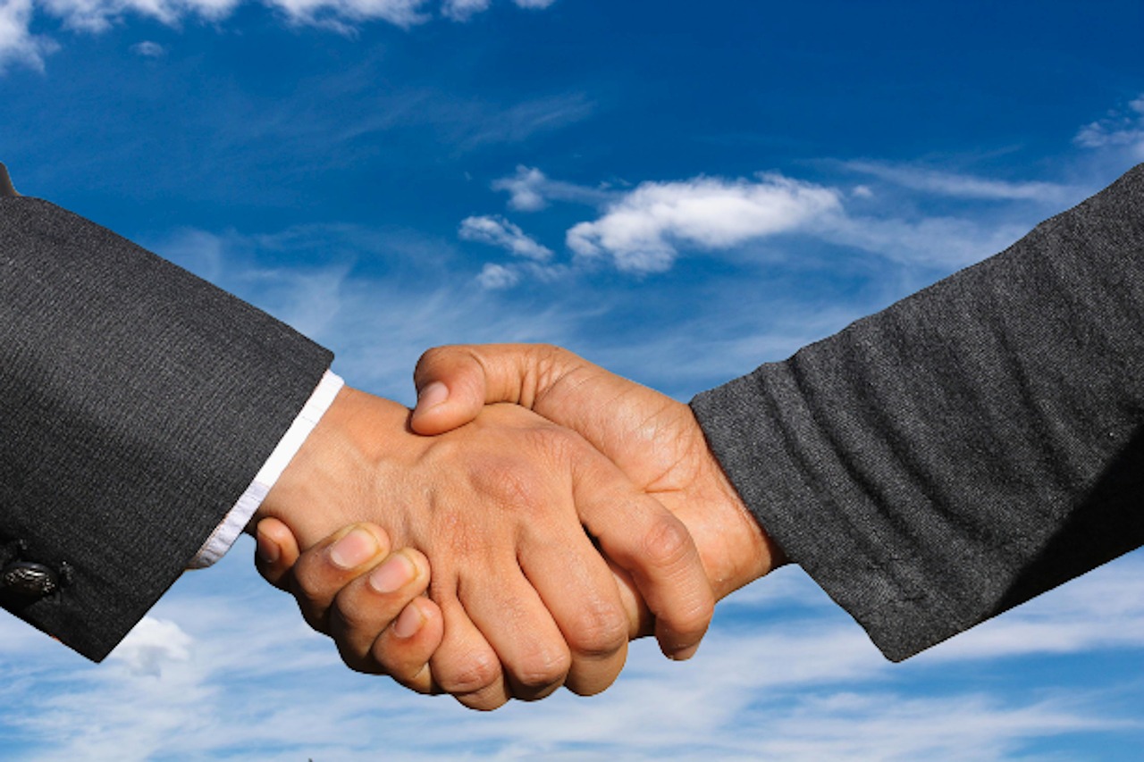 a close up of two people shaking hands, a picture, blue sky, high contrat, listing image, complexly detailed