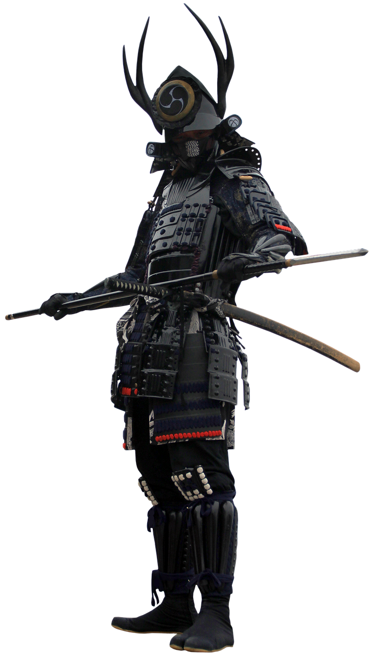 a close up of a person in a samurai costume, a digital rendering, inspired by Kanō Hōgai, trending on zbrush central, sōsaku hanga, black armored uniform, full body photograph, wearing tactical gear, various posed
